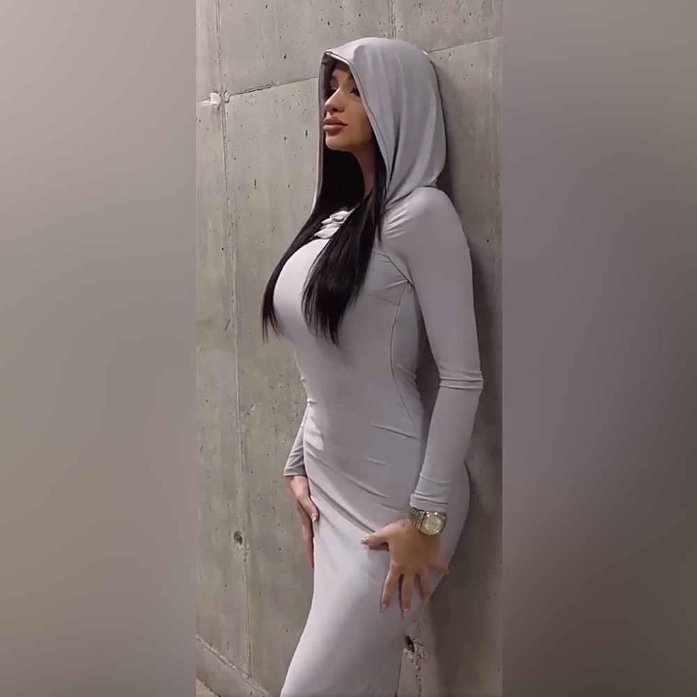 Black hooded bodycon dress long sleeve sexy maxi slit wasteland apocalypse goth - Picture 10 of 10